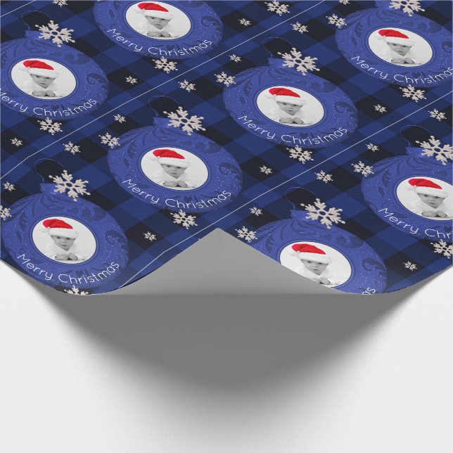 Blaues Büffel-Karo-frohe Weihnacht-Foto Geschenkpapier (Ecke)