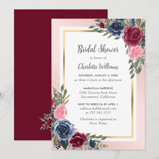 Blaues Burgund-Blush-Brautparty Einladung (Vorne/Hinten)