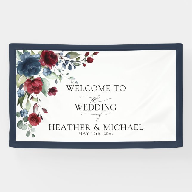 Blaues Burgund-Flora-Aquarell Willkommen Banner (Horizontal)