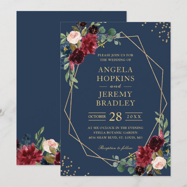 Blaues Burgundy Bloral Gold Geometric Wedding Einladung (Vorne/Hinten)
