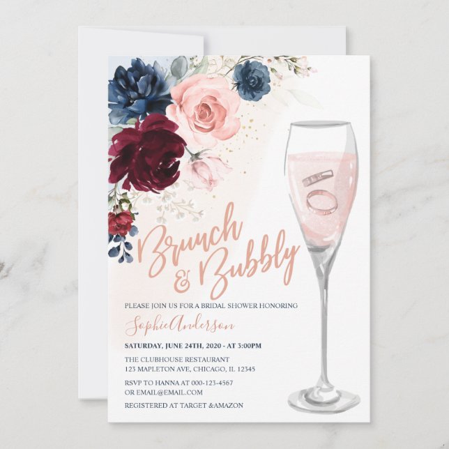 Blaues Burgundy Blush Bloral Brunch und Bubbly Einladung (Vorderseite)