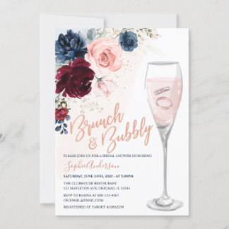 Blaues Burgundy Blush Bloral Brunch und Bubbly Einladung