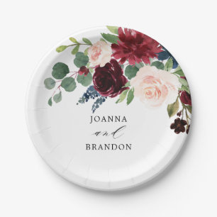 Blaues Burgundy Blush Pink Botanische Hochzeit Pappteller