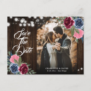 Blaues Burgundy Blush Pink Floral Wedding Foto Postkarte