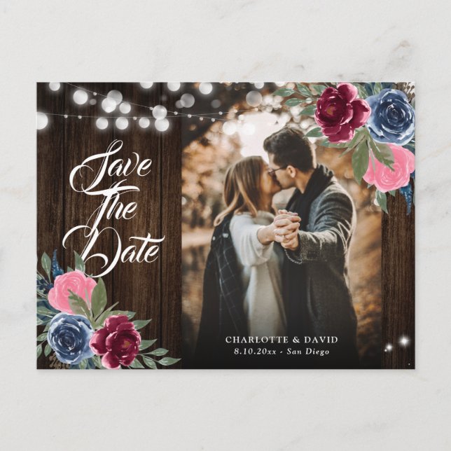 Blaues Burgundy Blush Pink Floral Wedding Foto Postkarte (Vorderseite)