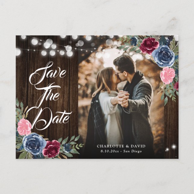 Blaues Burgundy Blush Pink Floral Wedding Foto Postkarte (Vorderseite)