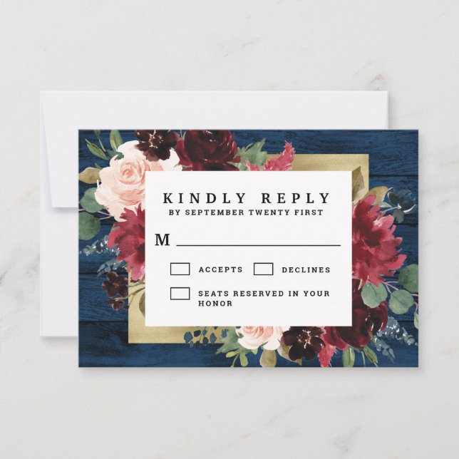 Blaues Burgundy Blush Pink Gold Rustikale Hochzeit RSVP Karte (Vorderseite)