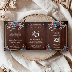 Blaues Burgundy-Floral-Ampersand-Hochzeit Dreifach Gefaltete Einladung