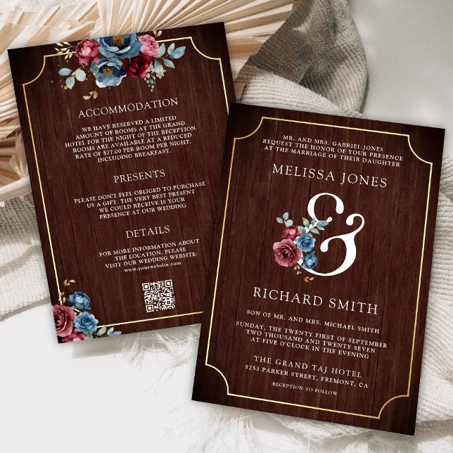 Blaues Burgundy-Floral-Ampersand-Hochzeit Einladung (Von Creator hochgeladen)