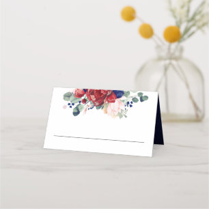 Blaues Burgundy Rot und Blush Floral Elegant Platzkarte