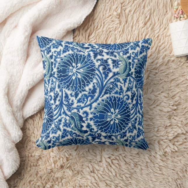 Blaues chinesisches Blumenmuster Kissen (Decke)