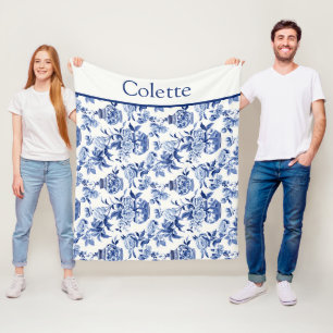 Blaues Chinoiserie-Monogramm Fleecedecke