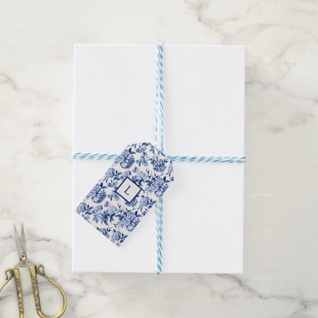 Blaues Chinoiserie-Monogramm  Geschenkanhänger (Mit Garn)