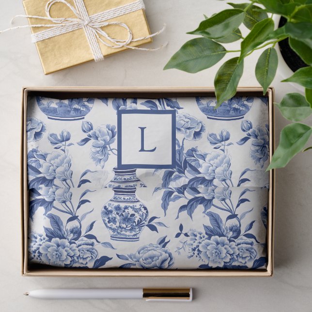 Blaues Chinoiserie-Monogramm  Seidenpapier (Geschenk)
