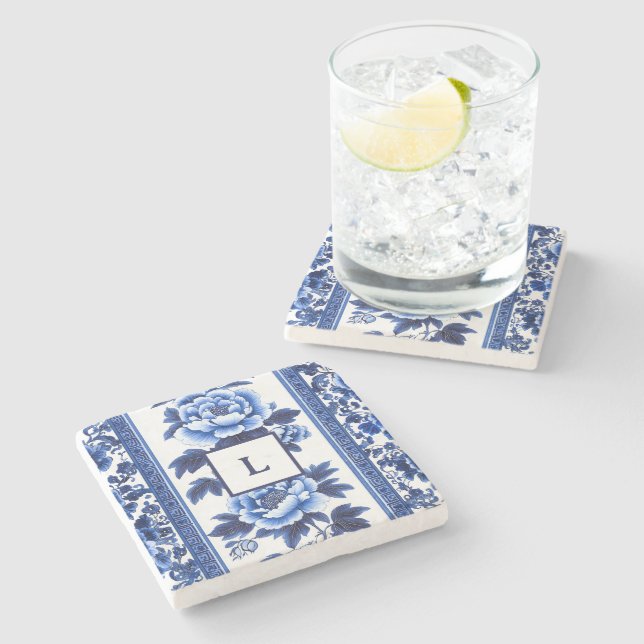 Blaues Chinoiserie-Monogramm  Steinuntersetzer (Seitenansicht)