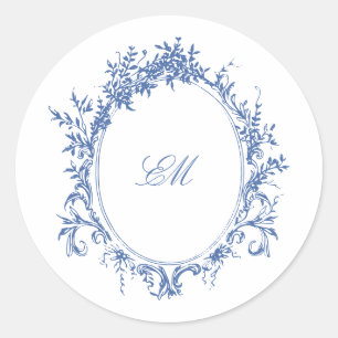 Blaues Chinoiserie-Monogrammwappen Hochzeitslogo Runder Aufkleber