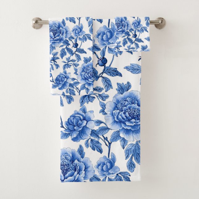 Blaues Chinoiserie-Muster  Badhandtuch Set (Insitu)