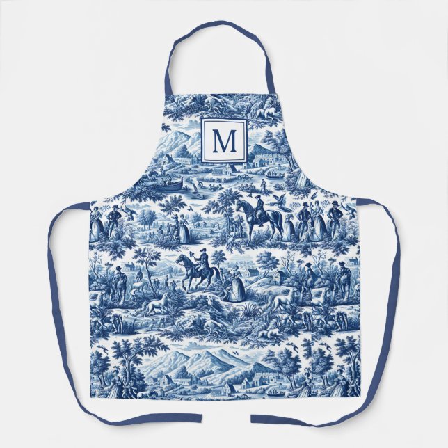 Blaues Chinoiserie-Toile-Muster-Monogramm Schürze (Vorderseite)