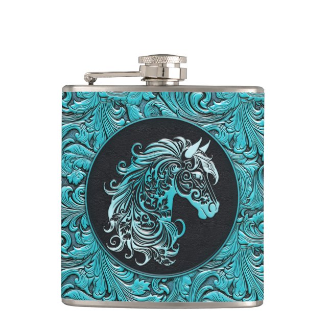 Blaues Cowgirl mit Blumenmotiven aus Leder Flachmann (Vorderseite)
