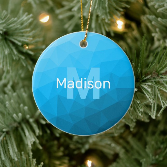 Blaues cyan geometrisches Maschenmuster Monogram Keramik Ornament (Baum)