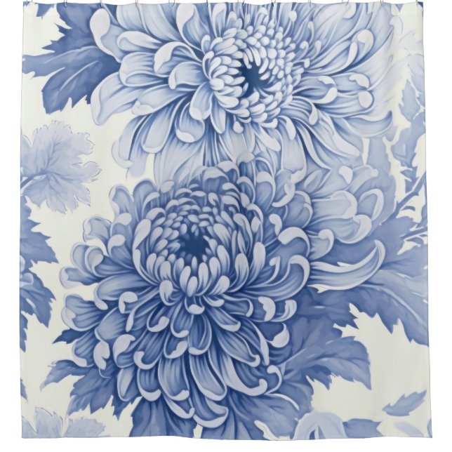 Blaues Dahlia-Toilmuster Duschvorhang (Vorderseite)