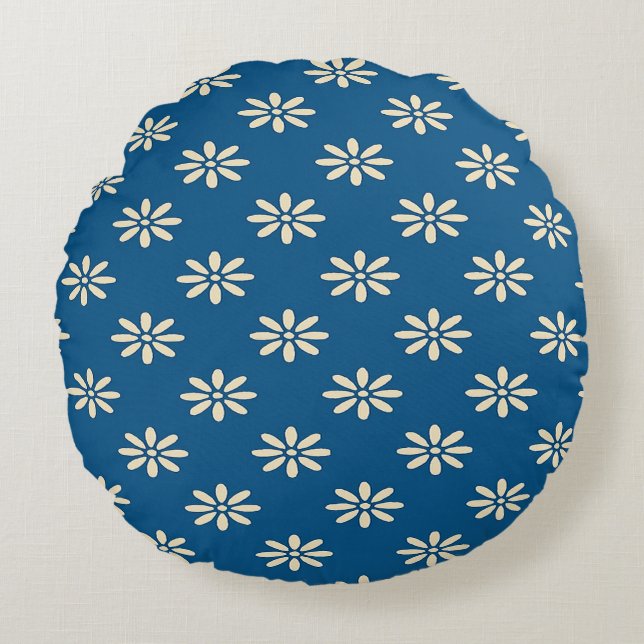 Blaues Daisy Muster Rundpilz Rundes Kissen (Vorderseite)