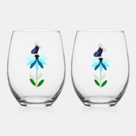 Blaues Daisy und Schmetterlingswein Set Weinglas Ohne Stiel