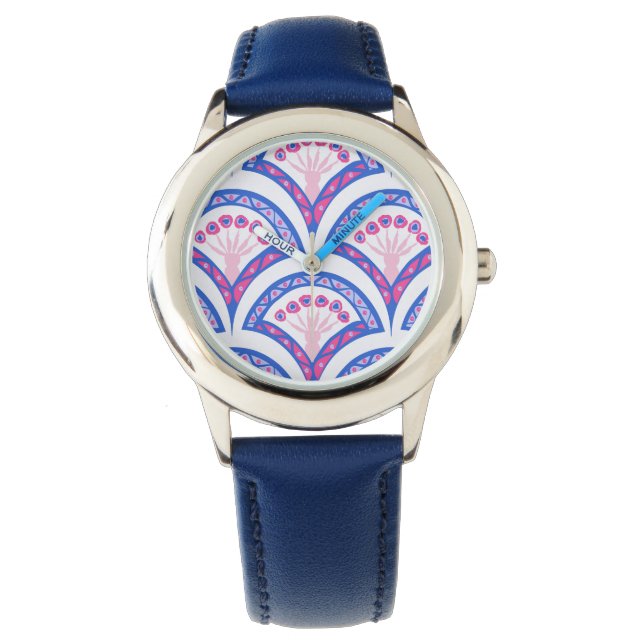 Blaues Damastmuster Armbanduhr (Vorderseite)