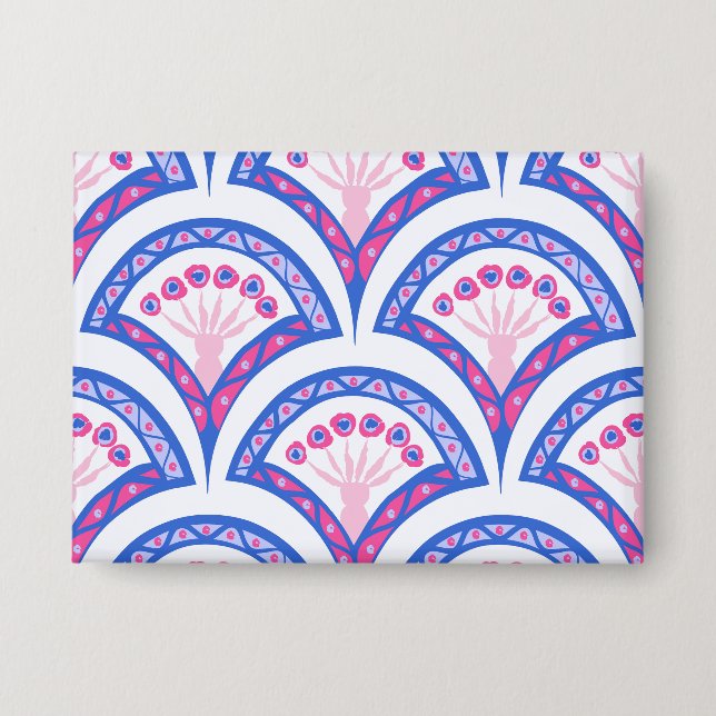 Blaues Damastmuster Button (Vorderseite)