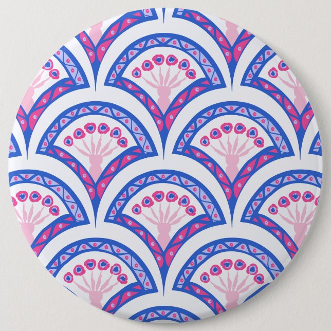 Blaues Damastmuster Button (Vorderseite)
