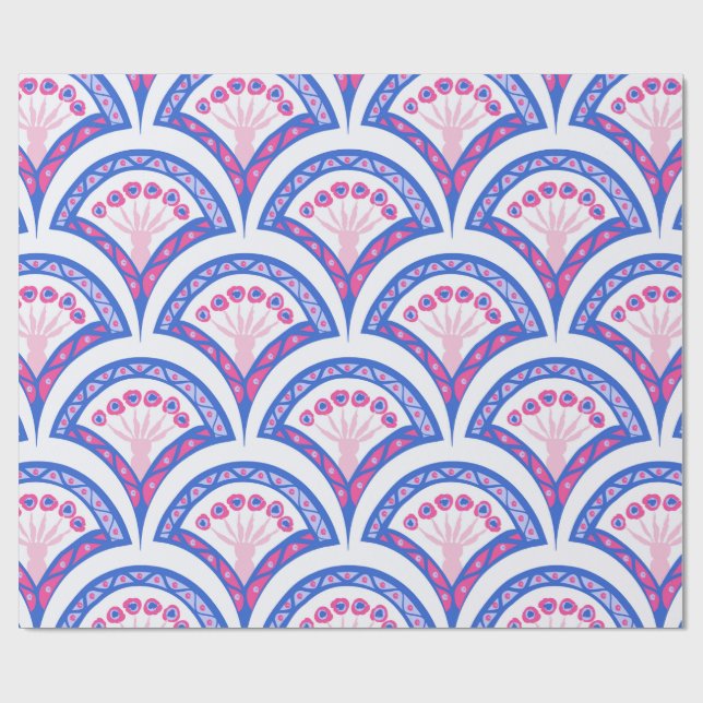 Blaues Damastmuster Geschenkpapier (Flach)