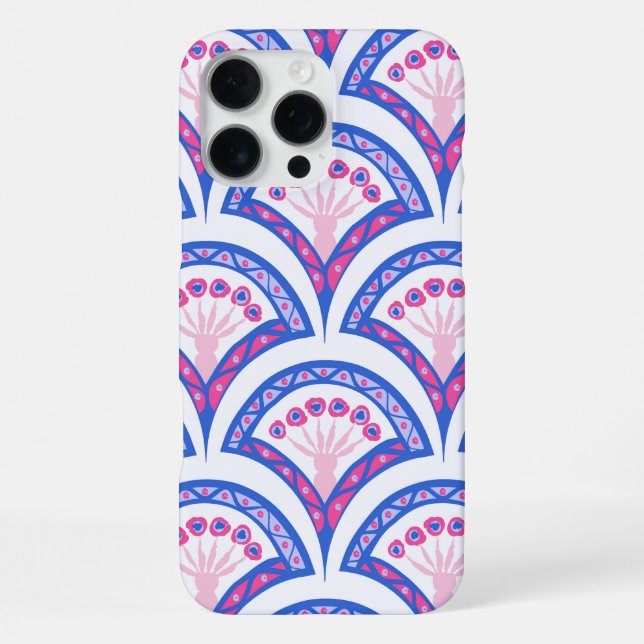 Blaues Damastmuster iPhone 16 Pro Max Hülle (Rückseite)