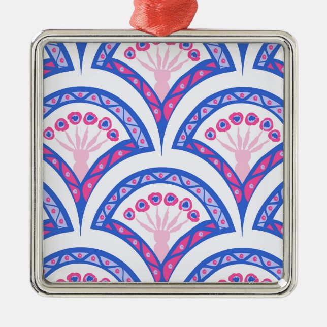 Blaues Damastmuster Ornament Aus Metall (Vorne)
