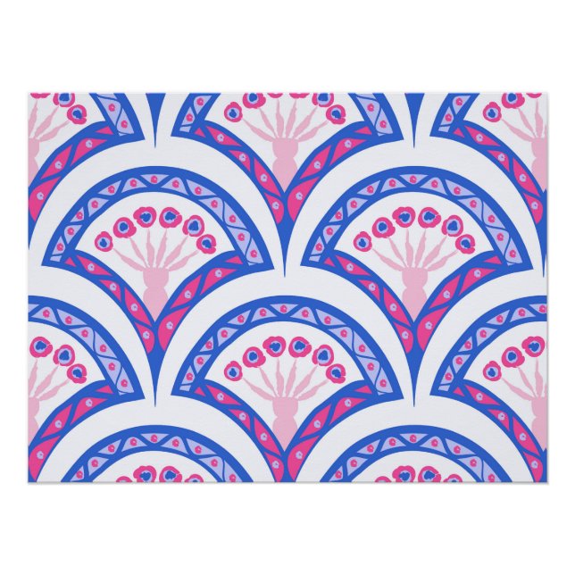 Blaues Damastmuster Poster (Vorderseite)