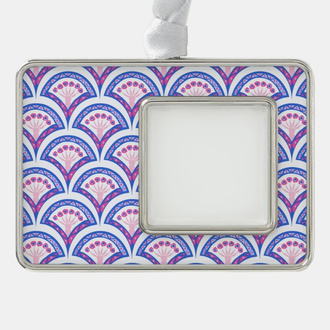 Blaues Damastmuster Rahmen-Ornament Silber (Vorderseite)
