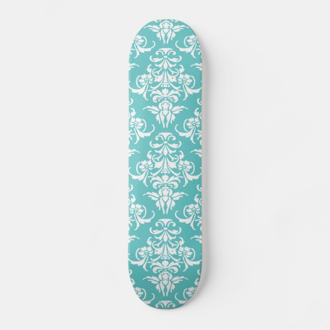 Blaues Damastmuster Vintager girly Chicleuchter Skateboard (Vorderseite)