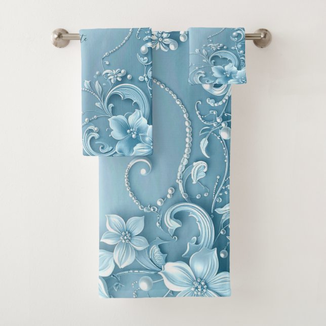Blaues dekoratives Blumenhandtuch-Set Badhandtuch Set (Insitu)
