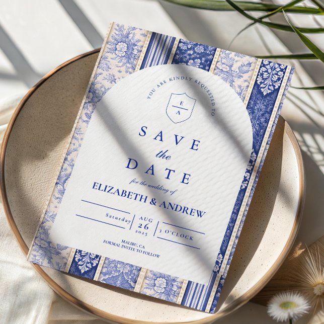 Blaues Delft-Fliesen-Patchwork-Hochzeit Save The Date (Von Creator hochgeladen)