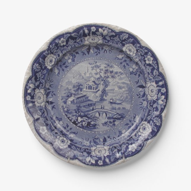 Blaues Delft-Imitatporzellan der weißen Weide mit Pappteller (Vorderseite)