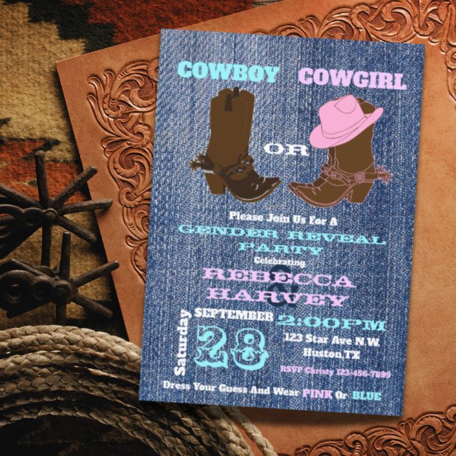 Blaues Denim Cowboy oder Cowgirl Geschlecht offenb Einladung (blue denim cowboy or cowgirl gender reveal party invitation)