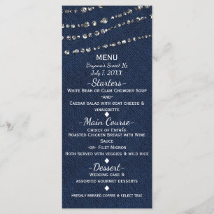 Blaues Denim & Diamanten Glitzer-Bling-Party-Menü Menükarte