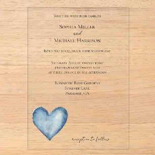 Blaues Denim-Jean-Herz-Hochzeit Acryleinladungen