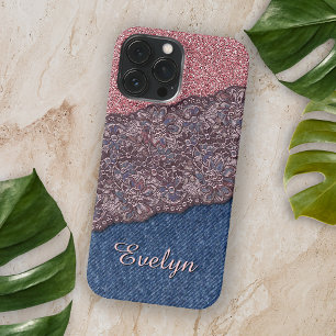 Blaues Denim Jeans Rosa Gold Pink Glitter Muster Case-Mate iPhone Hülle
