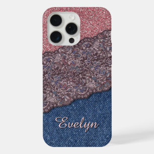 Blaues Denim Jeans Rosa Gold Pink Glitter Muster iPhone 15 Pro Max Hülle