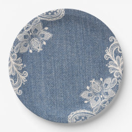 Blaues Denim und weißes Spitze-Shabby Pappteller