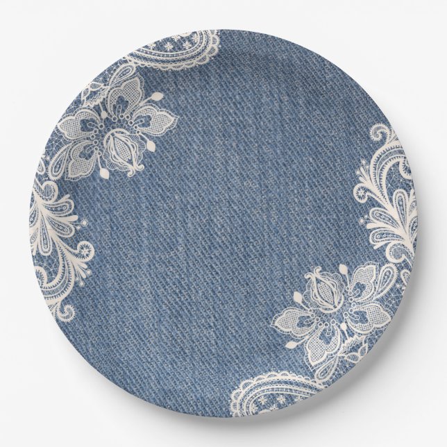 Blaues Denim und weißes Spitze-Shabby Pappteller (Vorderseite)
