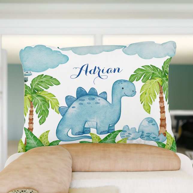 Blaues Dinosaurier personalisierter Säuglingskisse Dekokissen (Blue dinosaur personalised baby name pillow)