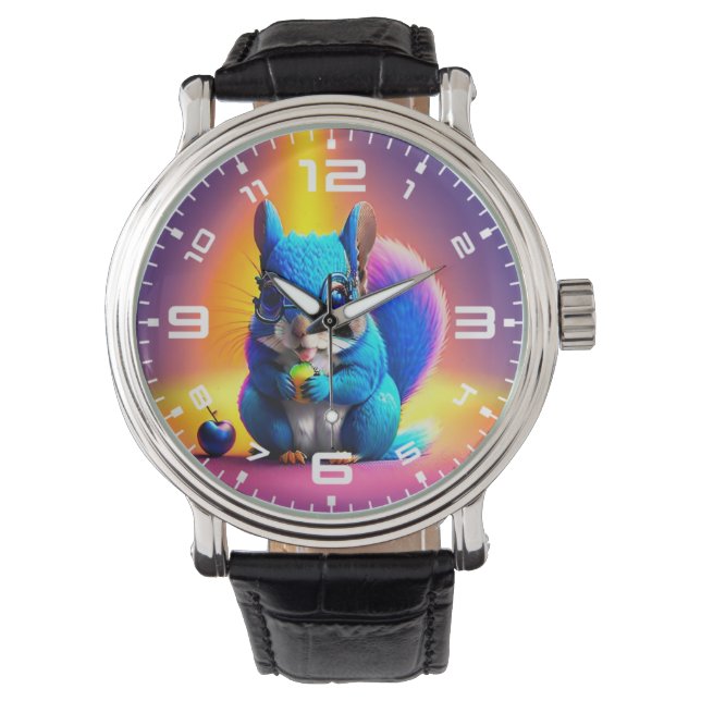Blaues Eichhörnchen, das Obst isst Armbanduhr (Vorderseite)