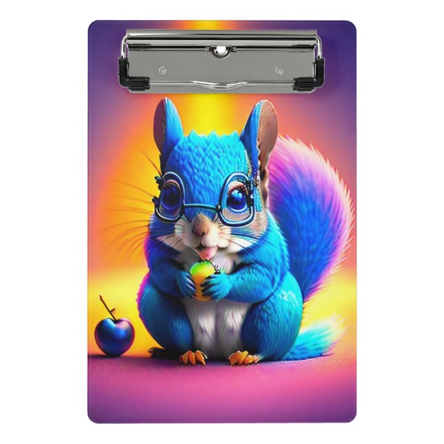 Blaues Eichhörnchen, das Obst isst Mini Klemmbrett (Vorderseite)