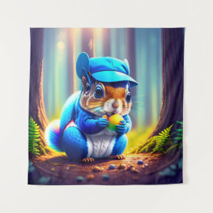 Blaues Eichhörnchen, das Obst isst Wandteppich
